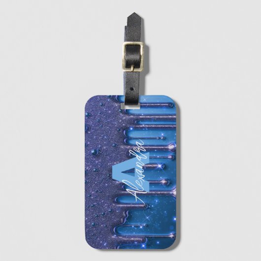 Fancy Chic Glam Blue Paint Drip Naam Monogram Bagagelabel (Voorkant (verticaal))