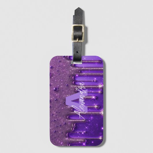 Fancy Chic Glam Paarse Verf Druppel Naam Monogram Bagagelabel (Voorkant (verticaal))