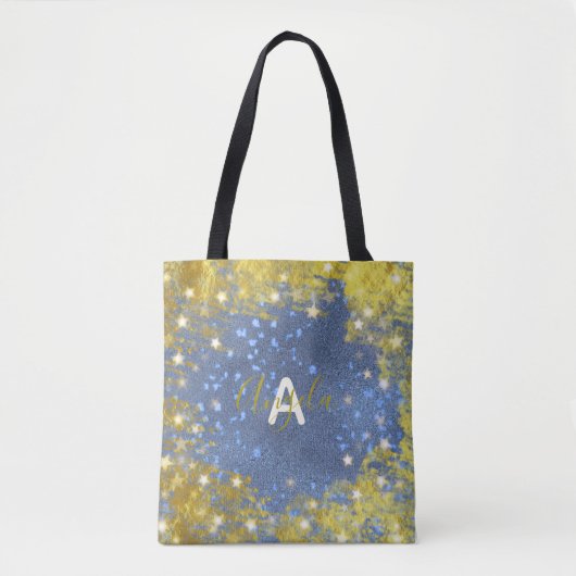 Fancy Chic Starry Glittery Blue en Gold Girly Tote Bag (Voorkant)