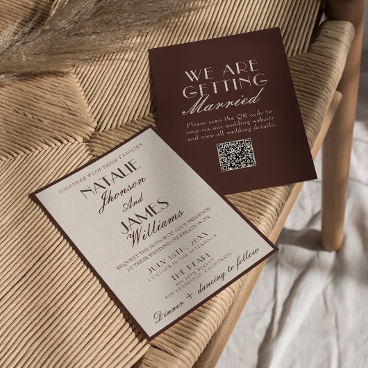 Fancy Chocolate Brown Old Money QR Code Wedding Kaart