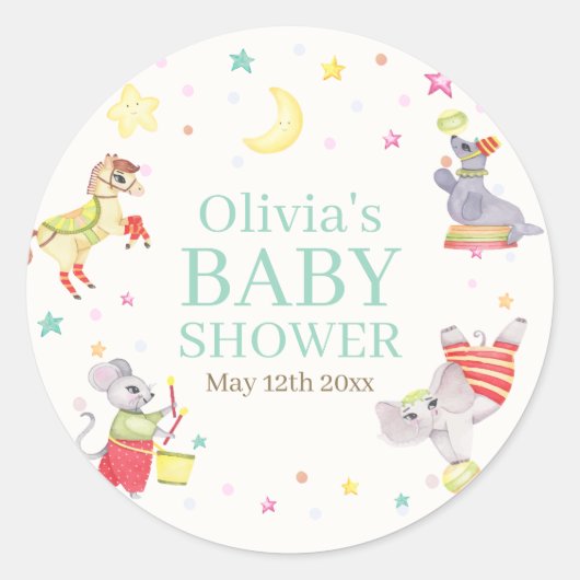 Fancy Circus Carnaval Animals Baby shower Ronde Sticker (Voorkant)