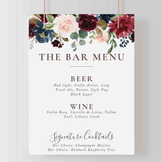 Fancy Classic Flowers Bruiloft Bar Menu Poster