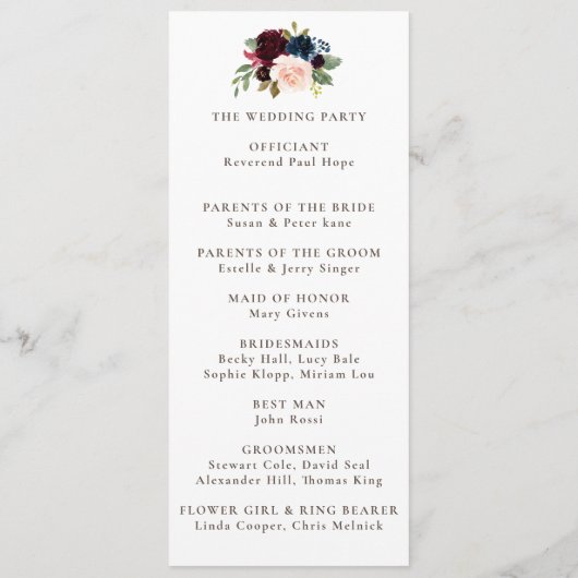 Fancy Classic Flowers tijdlijn bruiloft Programmakaart (Achterkant)