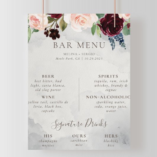 Fancy Classic Rose Peony bloemen Trouw Bar Menu  Poster