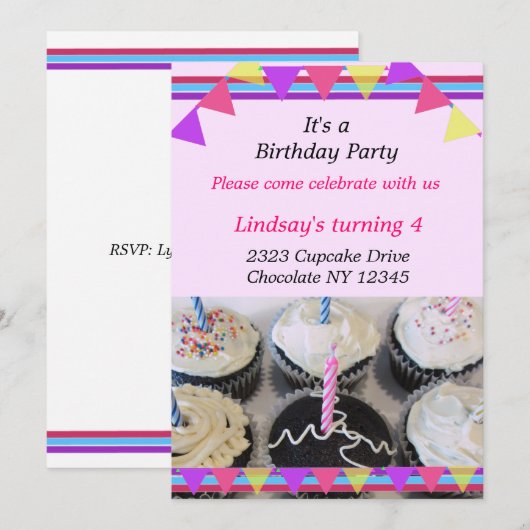 Fancy Cupcakes Birthday Party Invitation Kaart (Voorkant / Achterkant)