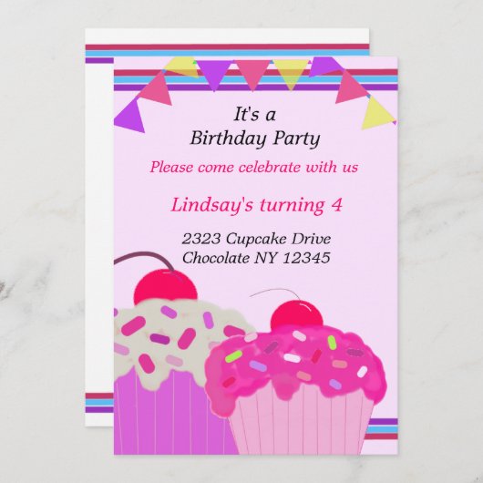 Fancy Cupcakes Birthday Party Invitation Kaart (Voorkant / Achterkant)