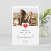 Fancy Cute Red Heart Foto Bridesmaid Kaart (Staand voorkant)