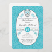 Fancy Damask Baby shower Invitation in Aqua Kaart (Voorkant / Achterkant)