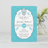 Fancy Damask Baby shower Invitation in Aqua Kaart (Staand voorkant)