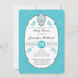 Fancy Damask Baby shower Invitation in Aqua Kaart