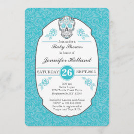 Fancy Damask Baby shower Invitation in Aqua Kaart