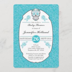 Fancy Damask Baby shower Invitation in Aqua Kaart