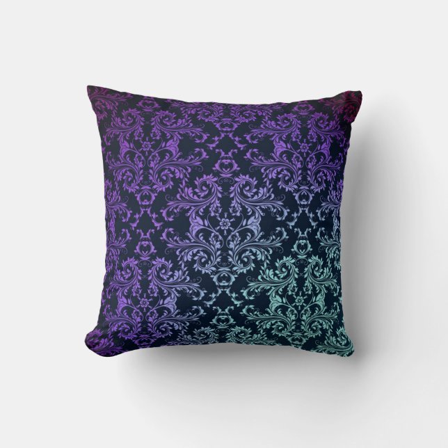 Fancy Damask Blauwgroen Blauw Paarse Zwart Kussen (Voorkant)