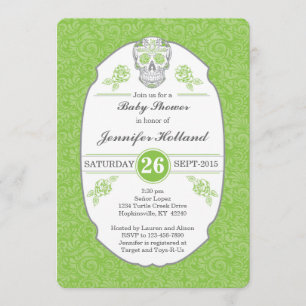 Fancy Damask Skull Baby shower Invitation in Green Kaart