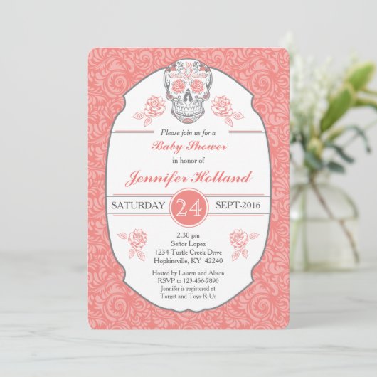 Fancy Damask Skull Baby shower Uitnodiging in Cora (Staand voorkant)