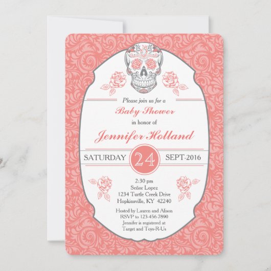 Fancy Damask Skull Baby shower Uitnodiging in Cora (Voorkant)