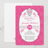 Fancy Damask Skull Baby shower Uitnodiging in Roze (Voorkant / Achterkant)