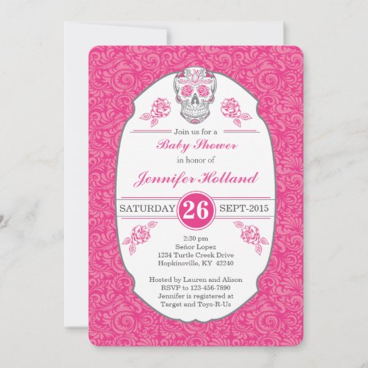 Fancy Damask Skull Baby shower Uitnodiging in Roze (Voorkant)