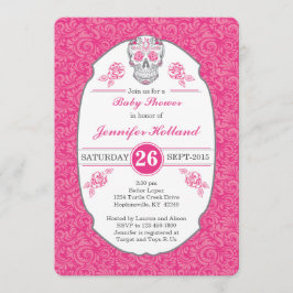 Fancy Damask Skull Baby shower Uitnodiging in Roze