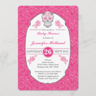 Fancy Damask Skull Baby shower Uitnodiging in Roze
