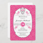 Fancy Damask Skull Pink Quinceañera Uitnodiging (Voorkant / Achterkant)