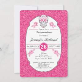 Fancy Damask Skull Pink Quinceañera Uitnodiging
