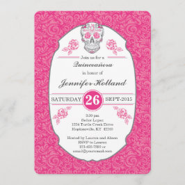 Fancy Damask Skull Pink Quinceañera Uitnodiging