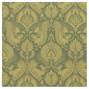 Fancy damast met dieren, goud op groen stof