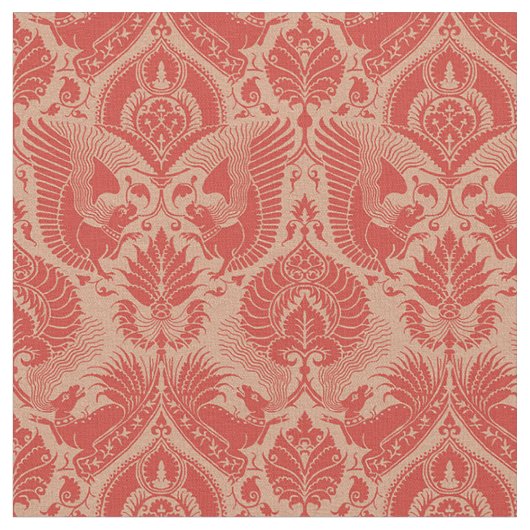 Fancy Damast met Dieren, Koraalrood Stof (Close Up)