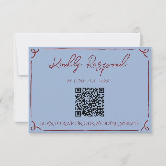 Fancy Deep Red Blue Frame Whimsy Wedding QR Code RSVP Kaartje (Voorkant)