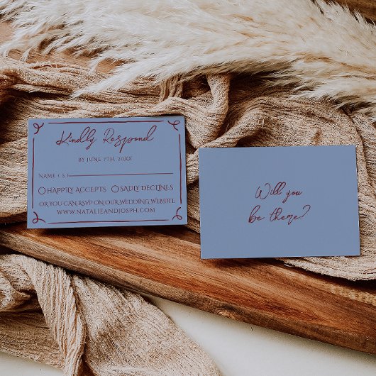 Fancy Deep Red Blue Frame Whimsy Wedding RSVP Kaartje