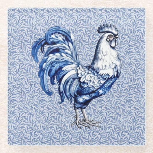 Fancy Delfts Blauwe en Witte Roosterkip Glazen Onderzetter (Voorkant)