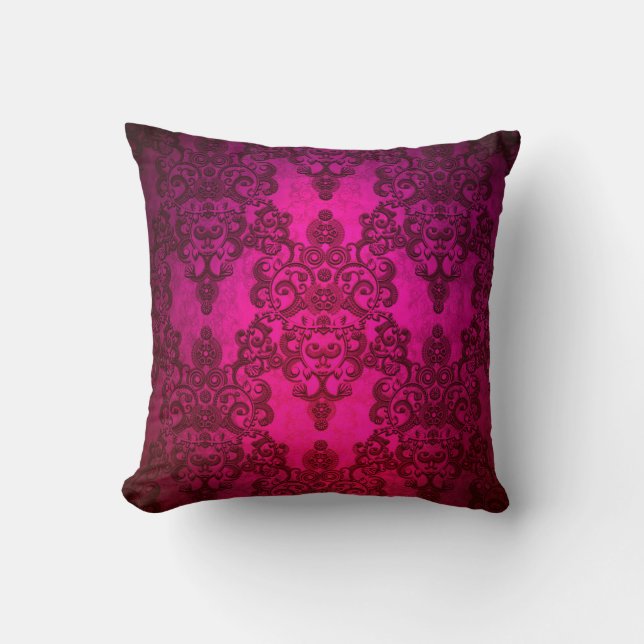 Fancy Diep Glanzend Roze Damast Patroon Kussen (Voorkant)