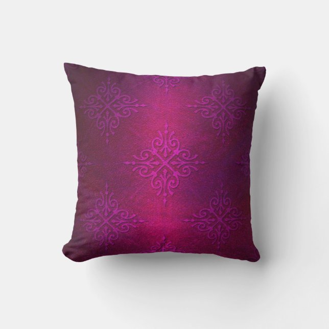 Fancy Diep Roze Paarse Damast Patroon Kussen (Voorkant)