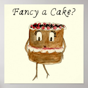 Fancy een Cake Funny Chocolate Cake Quirky Cartoon Poster