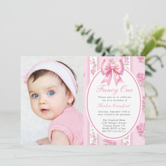 Fancy Een Een Meisje Foto Verjaardagsfeest Kaart (Staand voorkant)