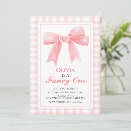 Fancy Een Roze Bow Preppy Coquette 1e Verjaardag Kaart (Staand voorkant)