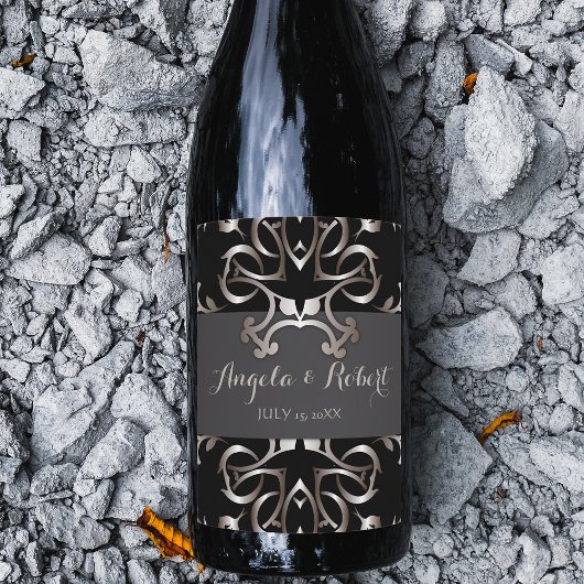 Fancy Elegant Bronze Black Baroque Wedding Wijn Etiket