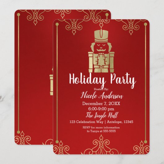 Fancy Elegant Gold & Red Nutkraker Holiday Party Kaart (Voorkant / Achterkant)