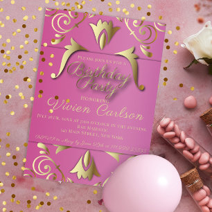Fancy Elegant Pink and Gold Birthday Party Kaart