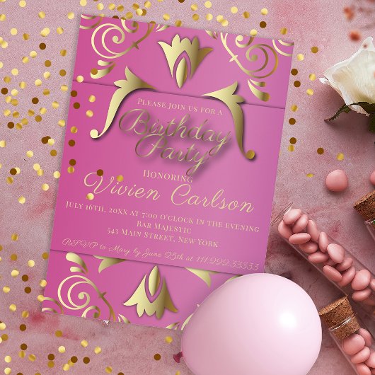 Fancy Elegant Pink and Gold Birthday Party Kaart