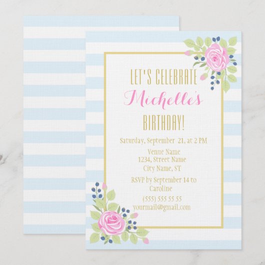 Fancy Elegant Rozen Blueberry Birthday Invitation Kaart (Voorkant / Achterkant)