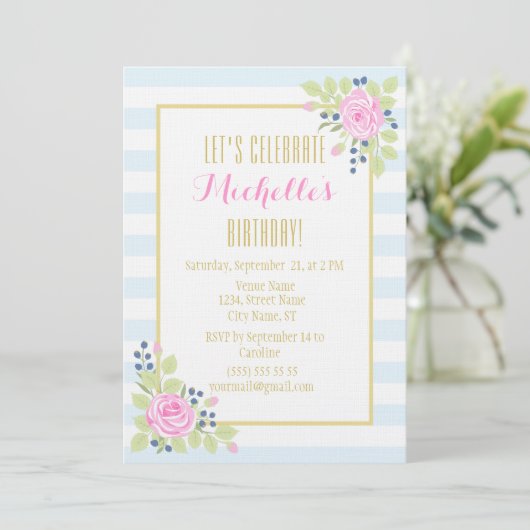 Fancy Elegant Rozen Blueberry Birthday Invitation Kaart (Staand voorkant)