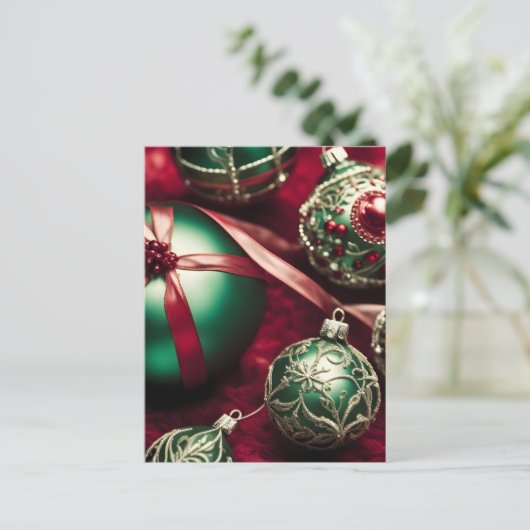 Fancy Elegant Victoriaans Rood Groen Kerstballen Feestdagenkaart (Staand voorkant)