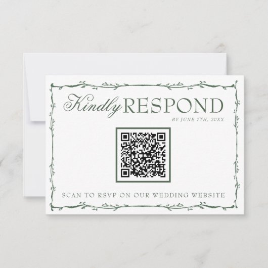 Fancy Emerald Green Branches Boho QR Code Wedding RSVP Kaartje (Voorkant)