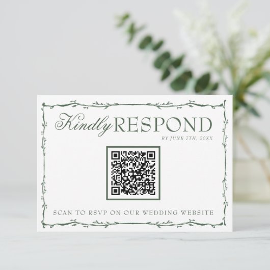 Fancy Emerald Green Branches Boho QR Code Wedding RSVP Kaartje (Staand voorkant)