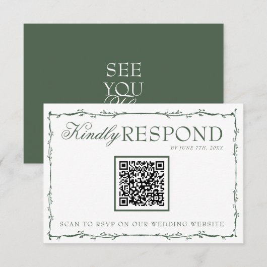 Fancy Emerald Green Branches Boho QR Code Wedding RSVP Kaartje (Voorkant / Achterkant)