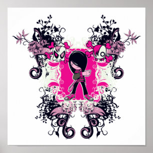 fancy emo meisje kind met kruisbotschedel poster
