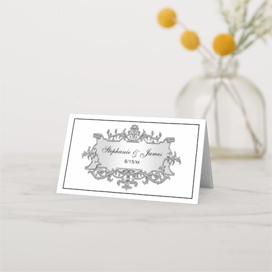 Fancy Faux Silver Filigree Lijst Escort Place Card Plaatskaartje (Voorkant)