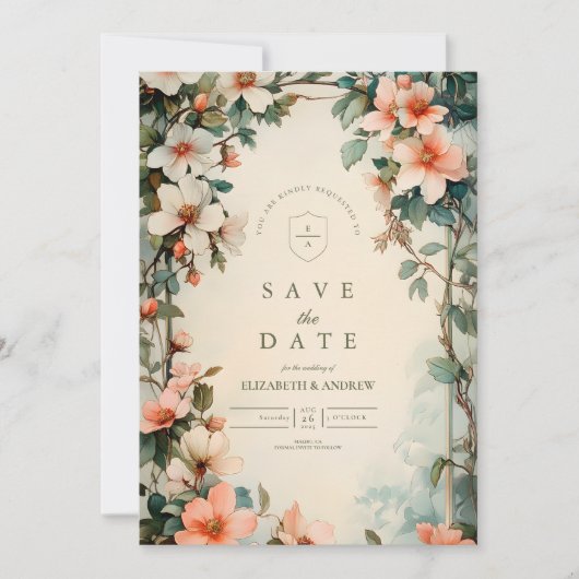 Fancy Floral Art Nouveau bruiloft Save The Date (Voorkant)